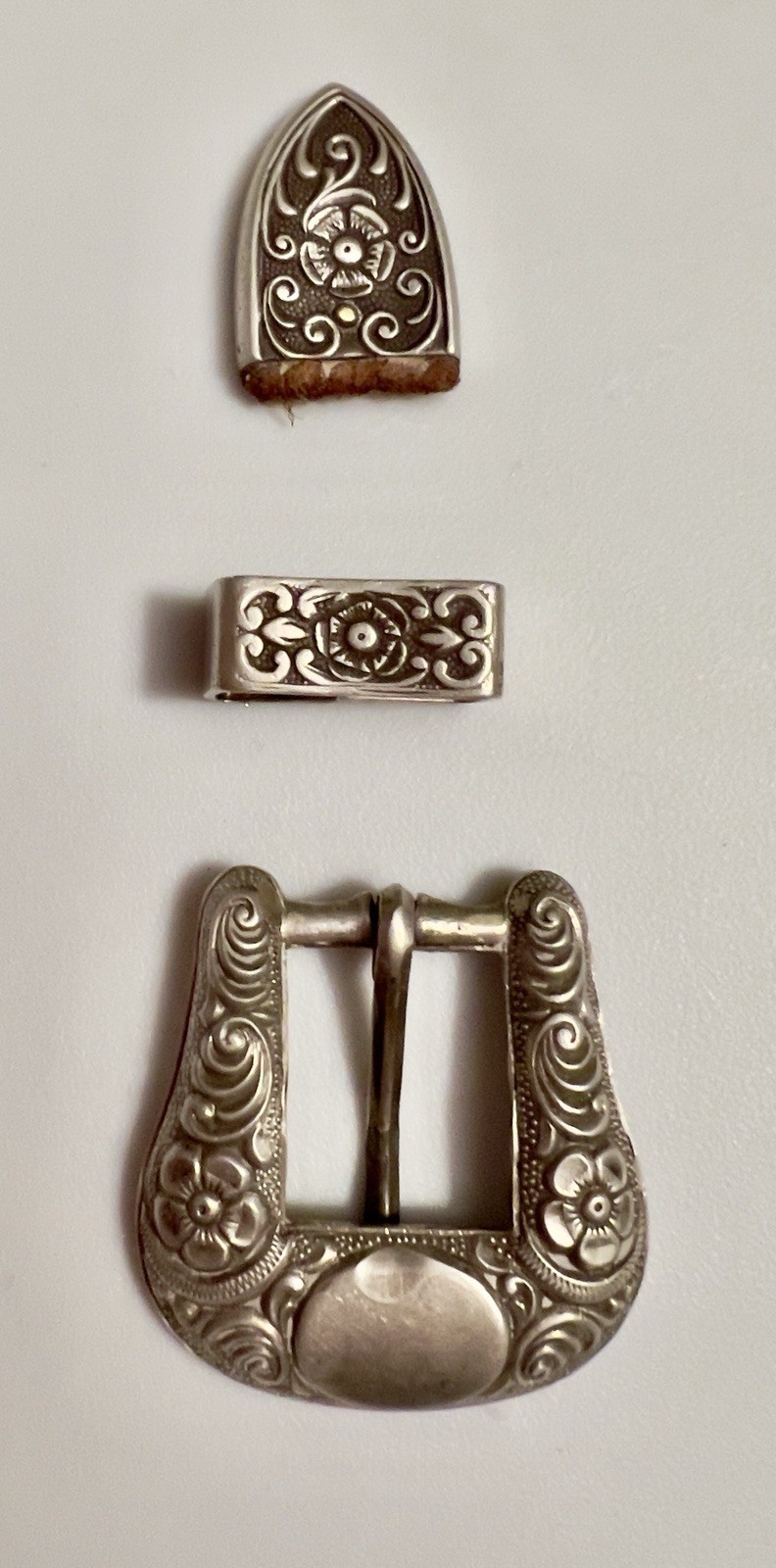 Vintage Nelson Sterling Silver 26g 3-Pc Western Belt Buckle Set Floral Tooled