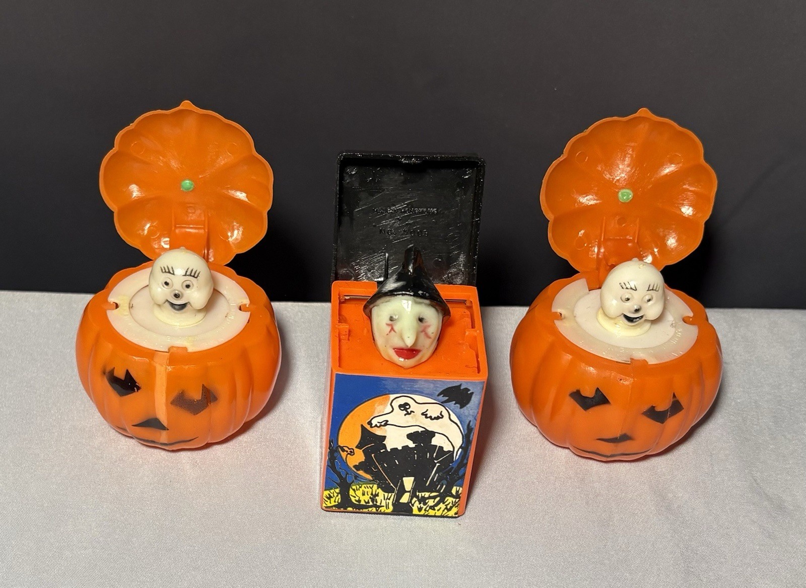 3 Vtg Hong Kong Fun World Halloween Jack-O-Lantern Pumpkin Pop Up Ghost Witch