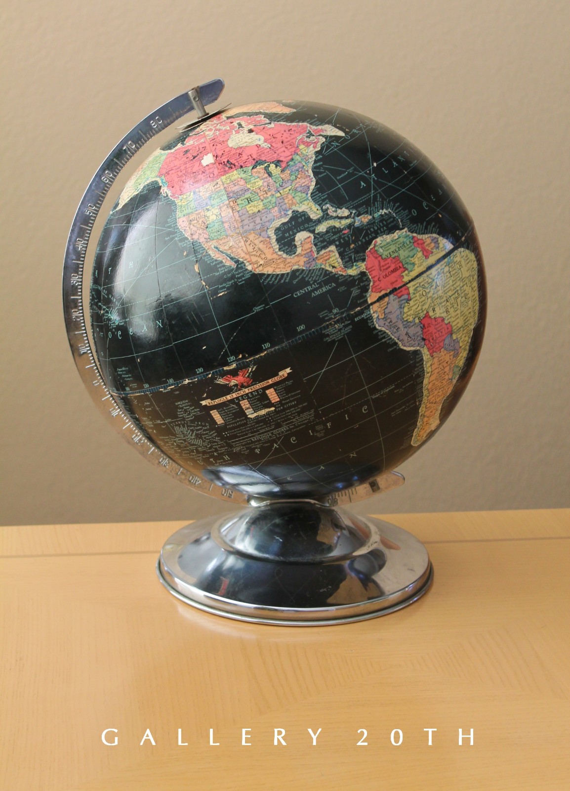 SUPERB VTG CHROME BLACK GLOBE WORLD MAP ART DECO ATOMIC MID CENTURY MODERN