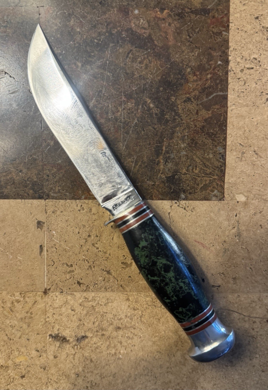 Remington UMC RH 72.  Partial Deer Etch, Green Marble Celluloid Handle