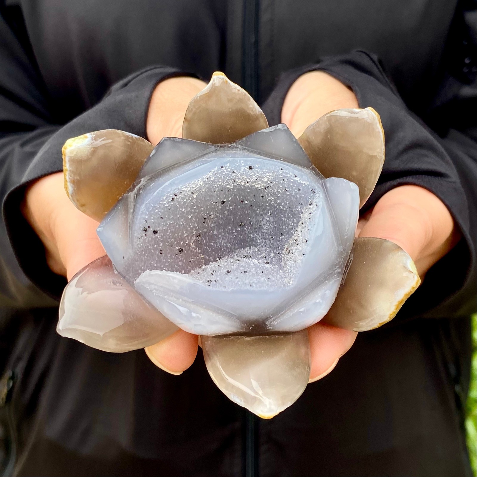 180G Natural Agate Geode Carved Lotus Flower, Hand Carved Healing Crystal Home D