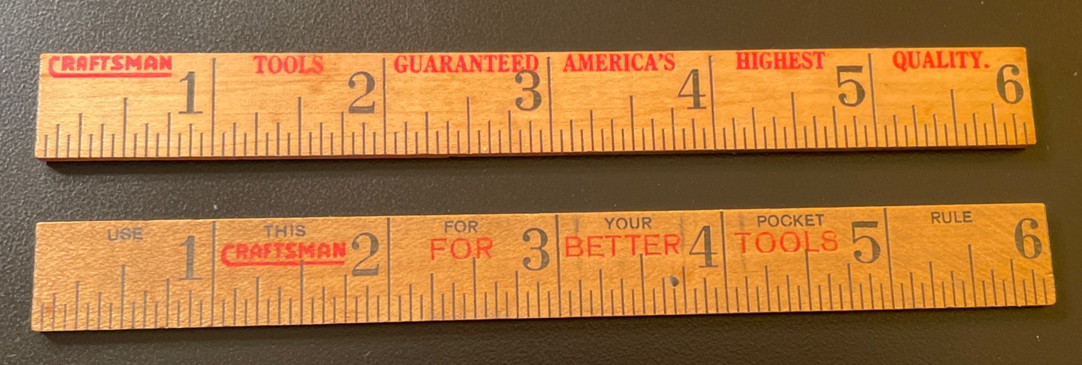2 Rare Vintage Craftsman 6” Wooden Rulers with Sears Roebuck Advertising on Back