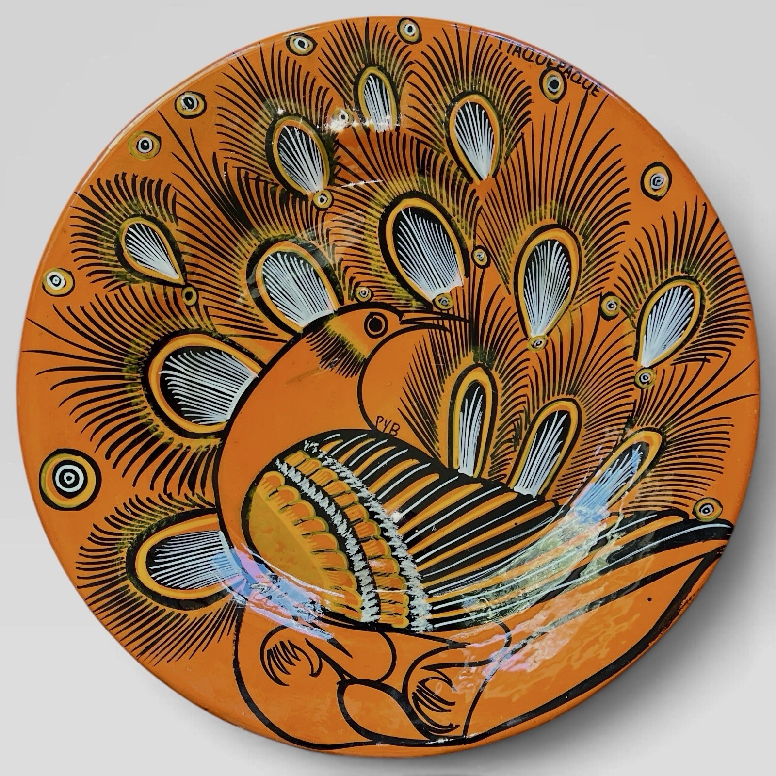 Vintage Hand Painted Signed Talaquepaque Peacock Pottery Wall Charger Plate 16”