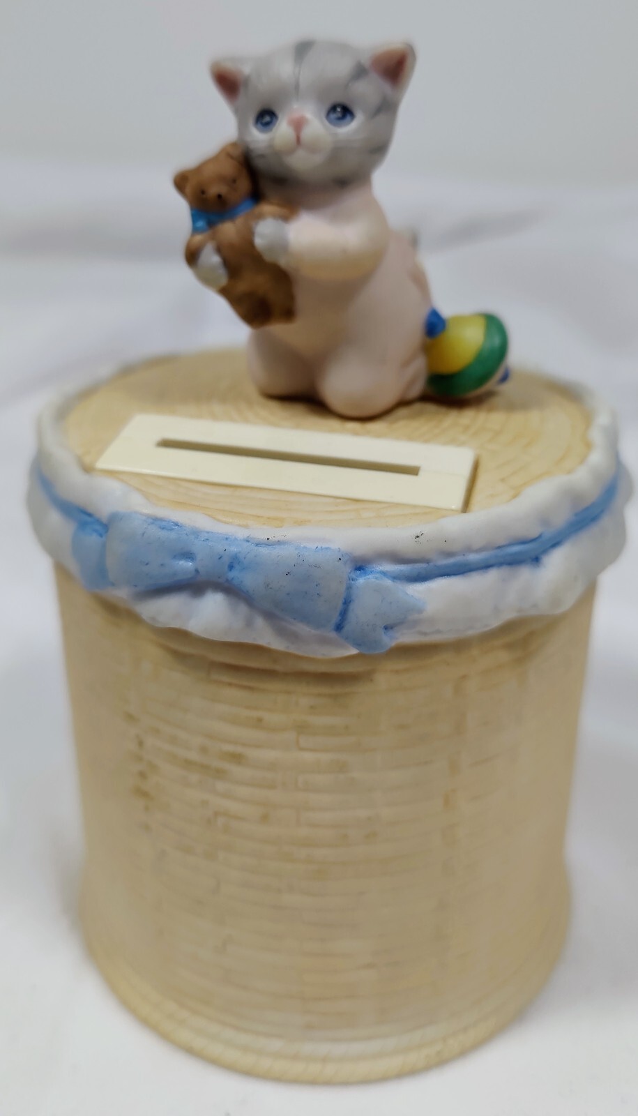 Vintage 1992 Kitty Cucumber Porcelain Coin Bank Schmid Cat Basket Teddy Bear
