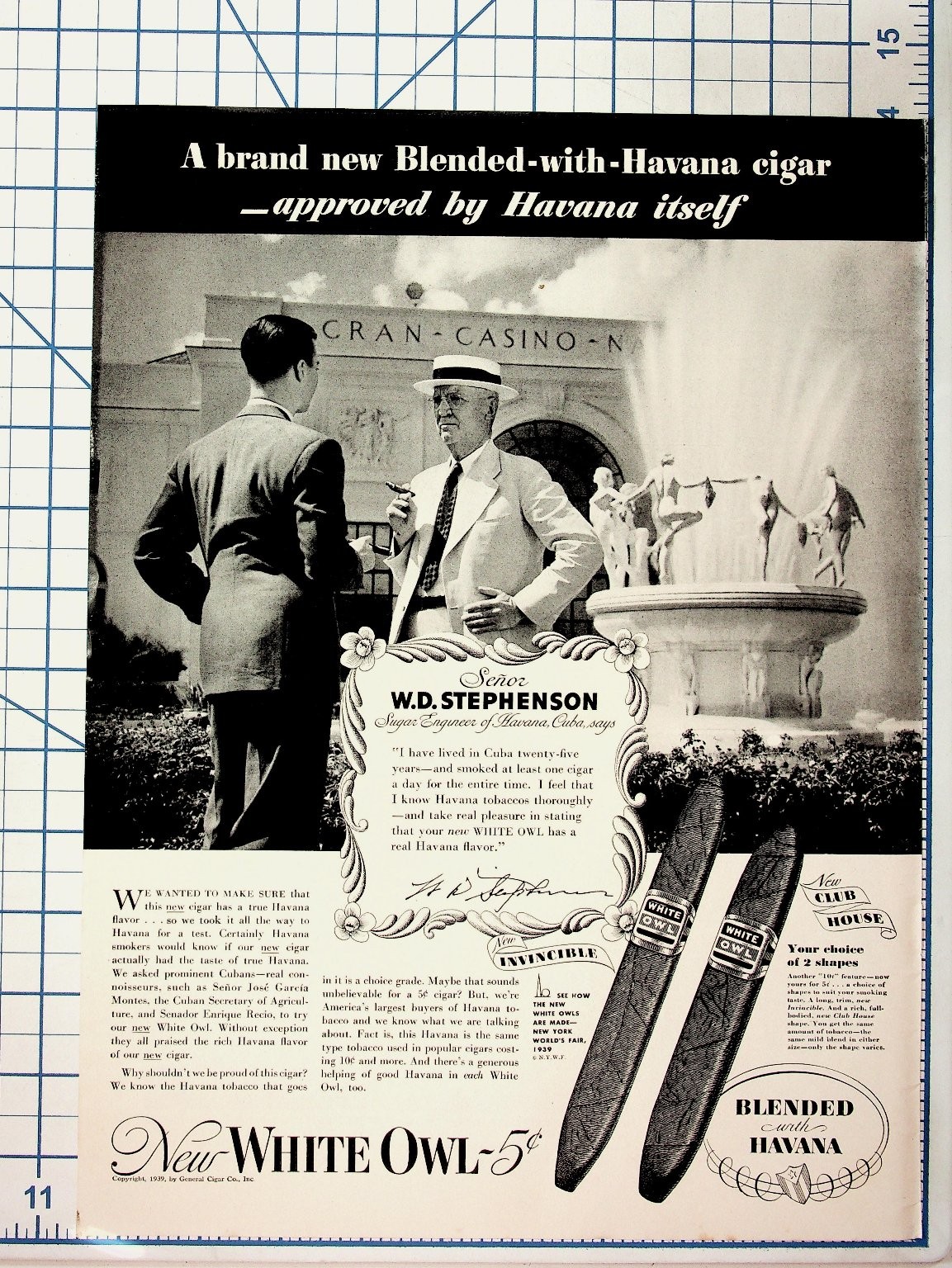 1939 White Owl Cigar Ad Havana Blend Gran Casino World\'s Fair Ephemera