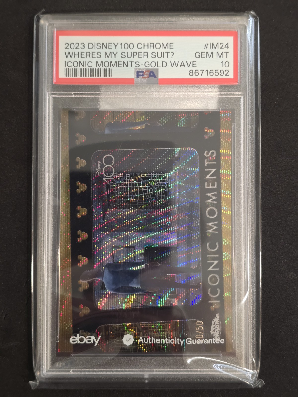 2023 Topps Chrome Disney 100 PSA 10 Where’s My Super Suit? /50 Gold Wave IM-24