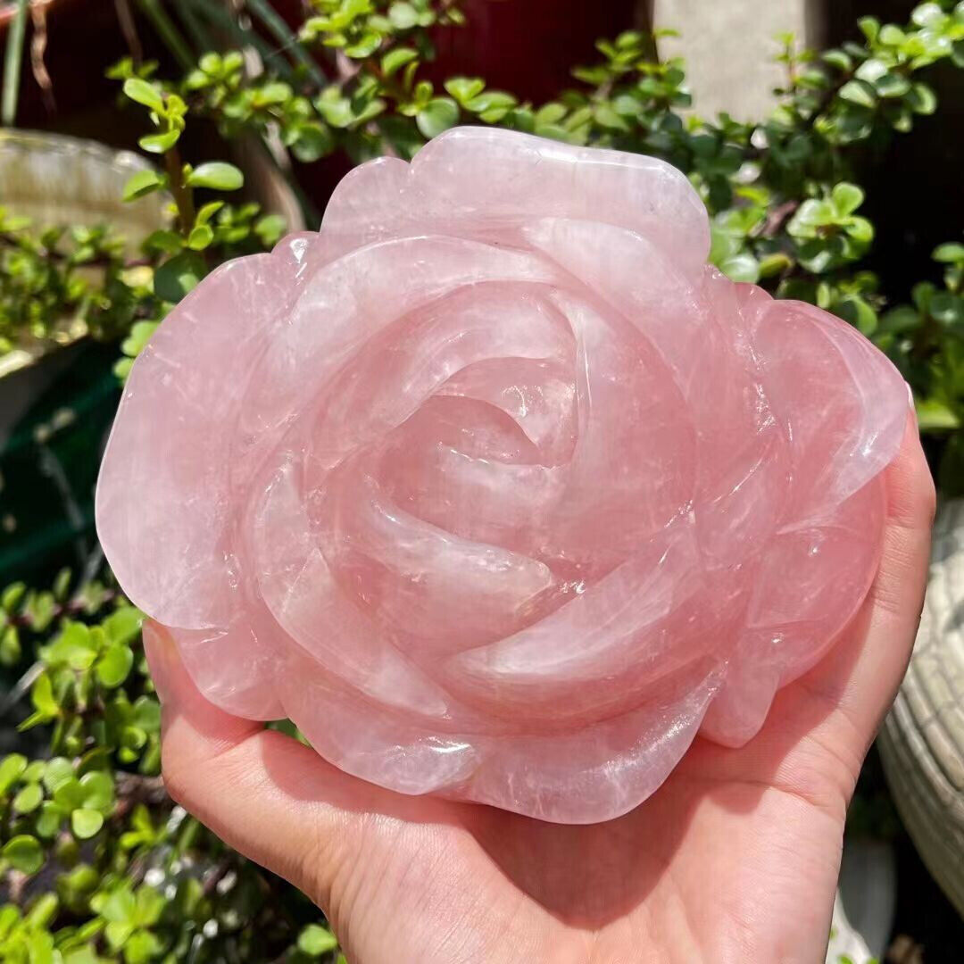 1pc Natural Pink Rose Quartz Carved Flower Skull Crystal Reiki Healing Gem Decor