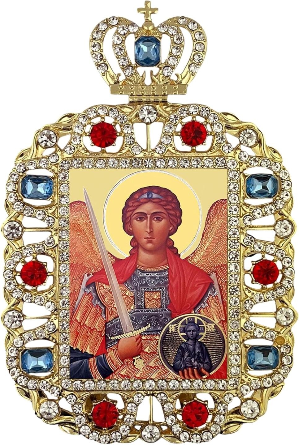 Saint Michael Gold Foil Icon with Jeweled Frame, Stand & Chain, Gift Boxed
