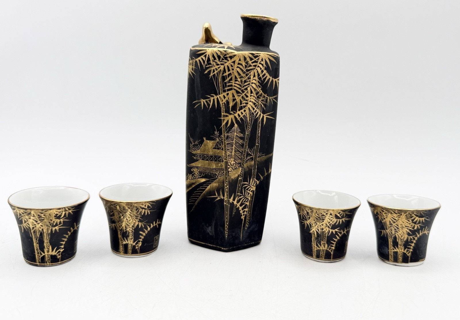 Vintage Japanese Kutani Yamazaki Sake Set, porcelain Hand Painted Japan