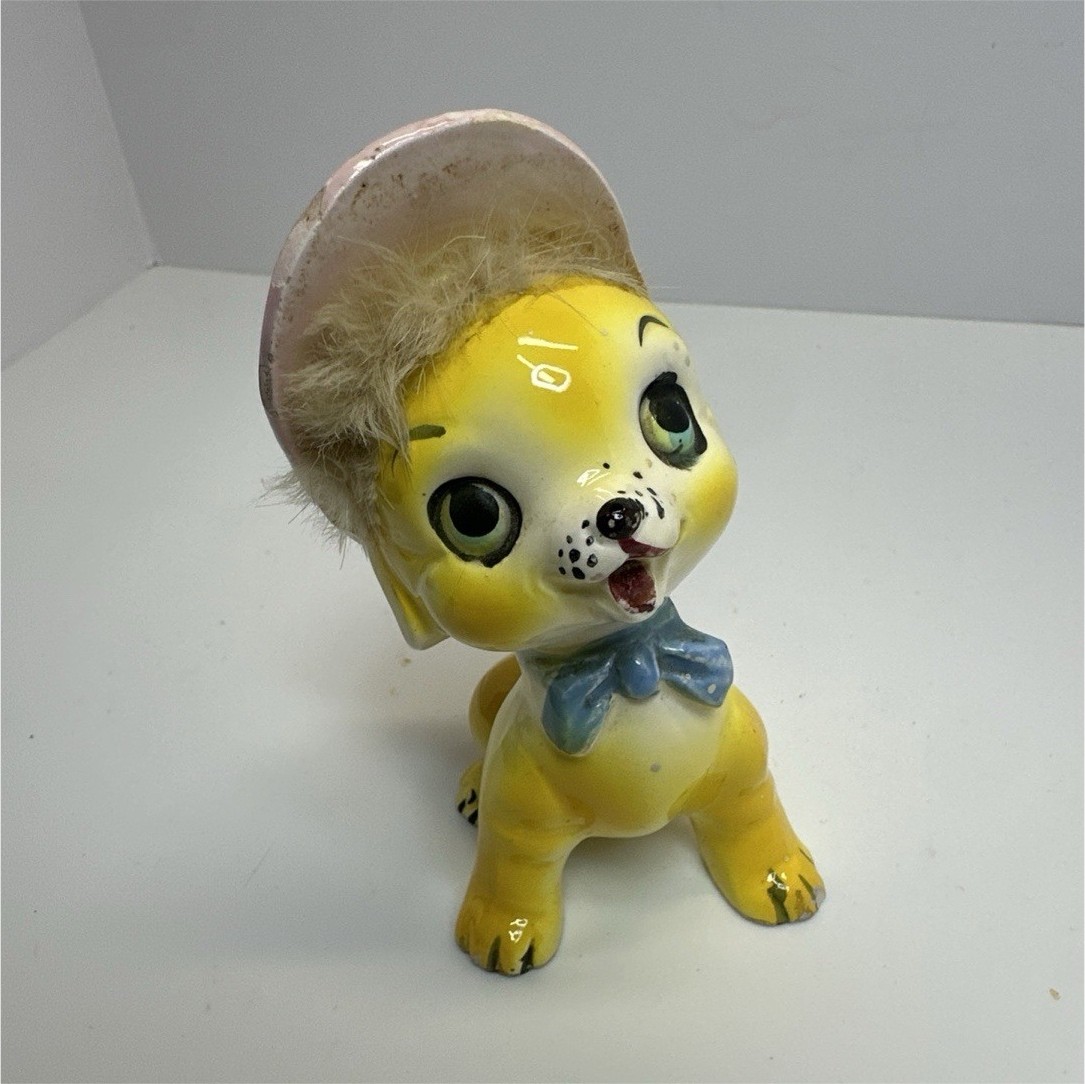 Vintage 1960s Japan Big Eye Puppy Dog Figurine Pink Hat Faux Fur MCM Kitsch