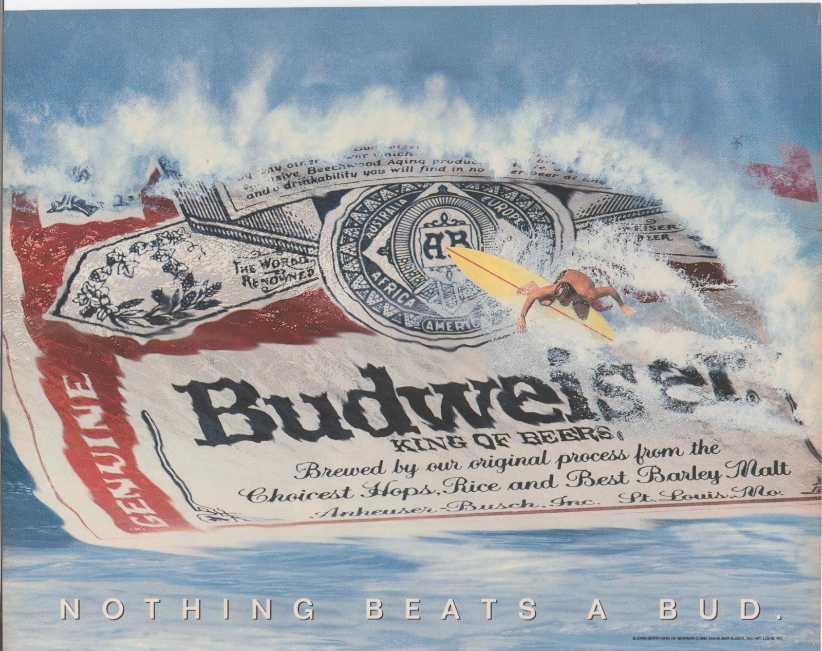 Vintage 1980s Budweiser Surfing Print Ad - Original