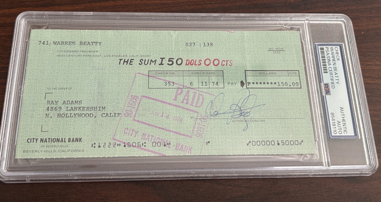 Warren Beatty signed check 1974 PSA