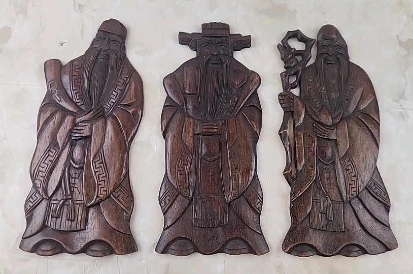Lot of 3 Vintage Hand Carved Chinese Fu-Lu-Shou Wooden Plaque Figurine Asian