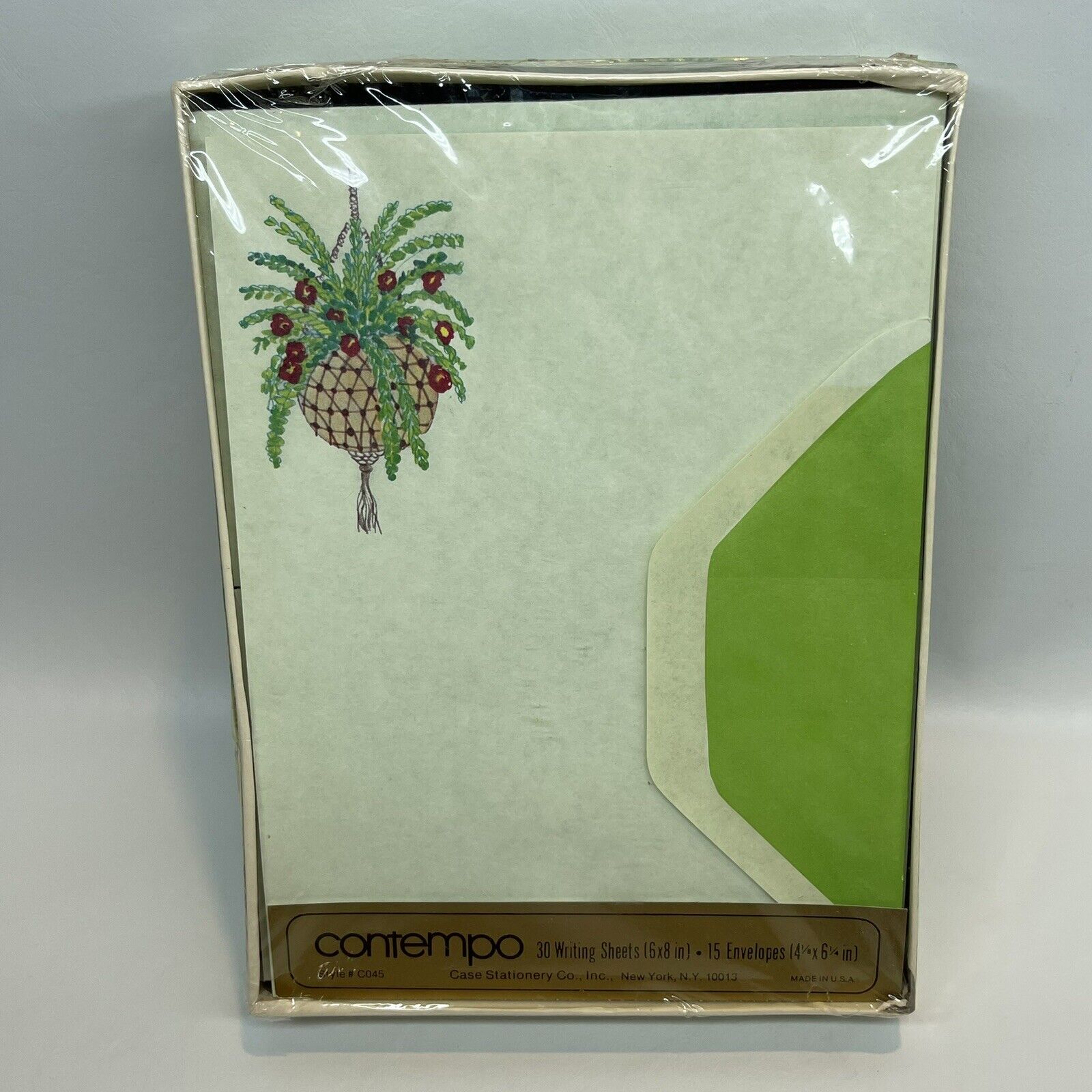 Vtg 70s Stationary Set Macrame Hanging Flower Pot Green Envelopes New Sealed