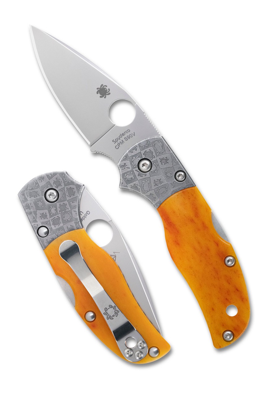 Spyderco Native 5 Folding Knife 2.95 in Amber Bone S90V Plain Edge Leaf Lockback