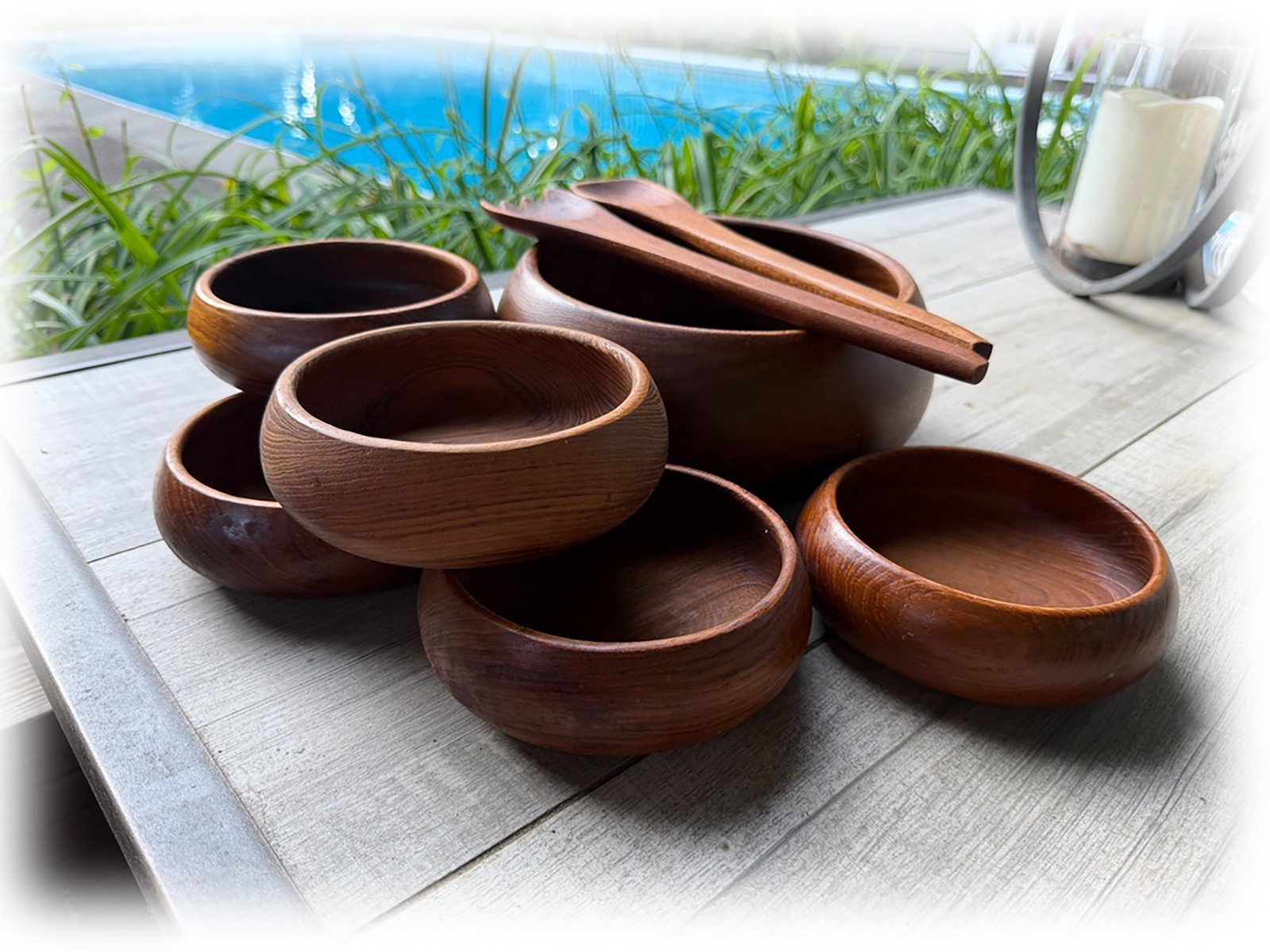 Vintage Teak Salad Bowl Set by Goodwood Thailand Mid-Century Modern Set 9 Pc