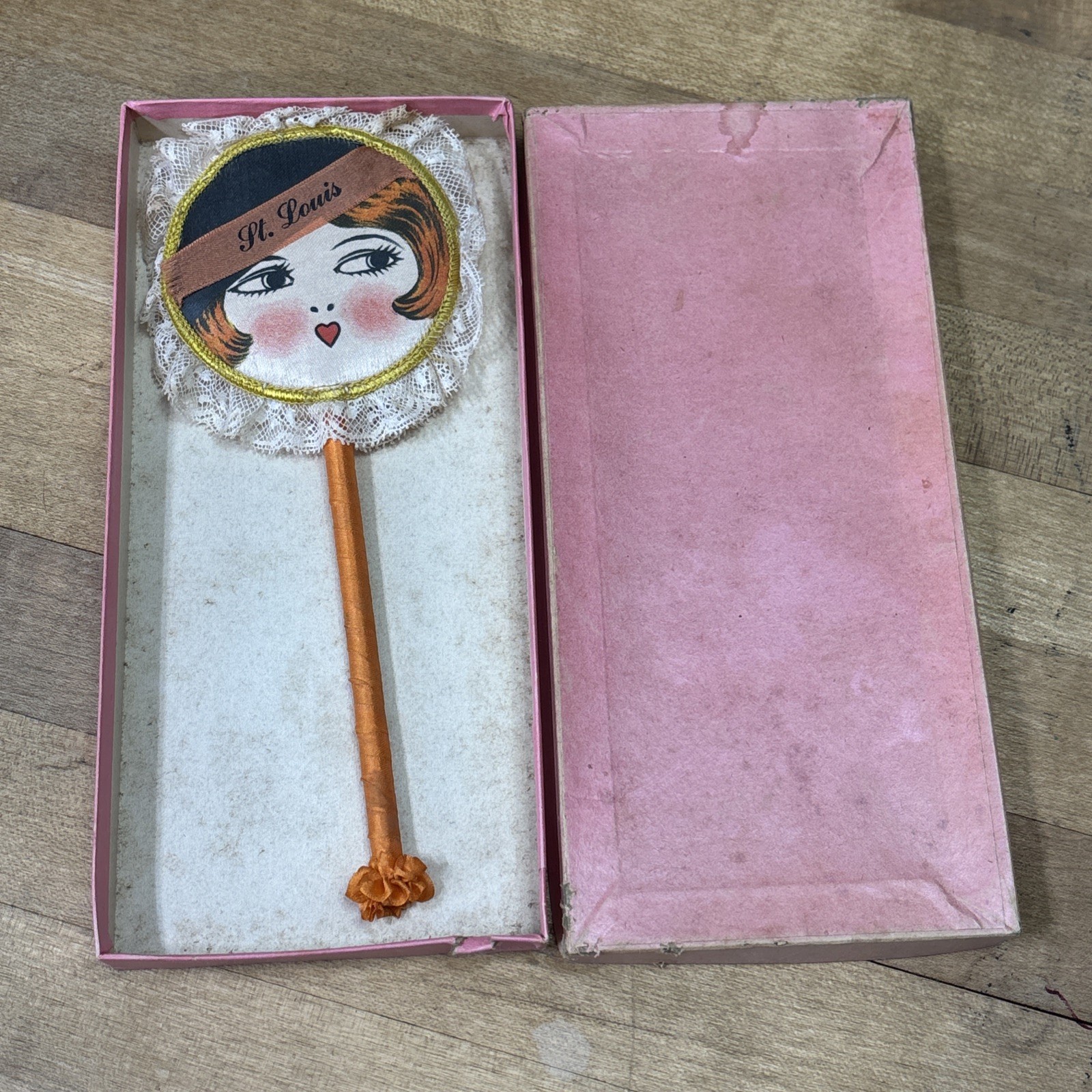 Antique 1920s Art Deco Flapper Powder Puff Wand Boudoir Vanity Hand Painted Silk