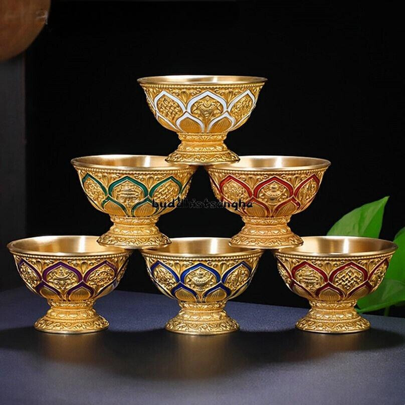 7pcs 8cm Tibetan Copper Lotus Eight auspicious holy water cup Worship bowl