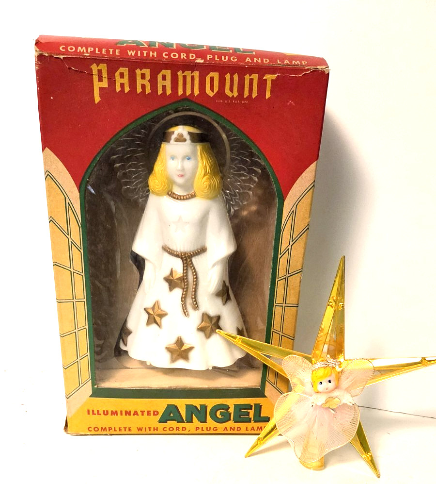 Vtg.Paramount Illum Angel Tree Top #63 with Box+Gold Star Doll Angel Top 1950s