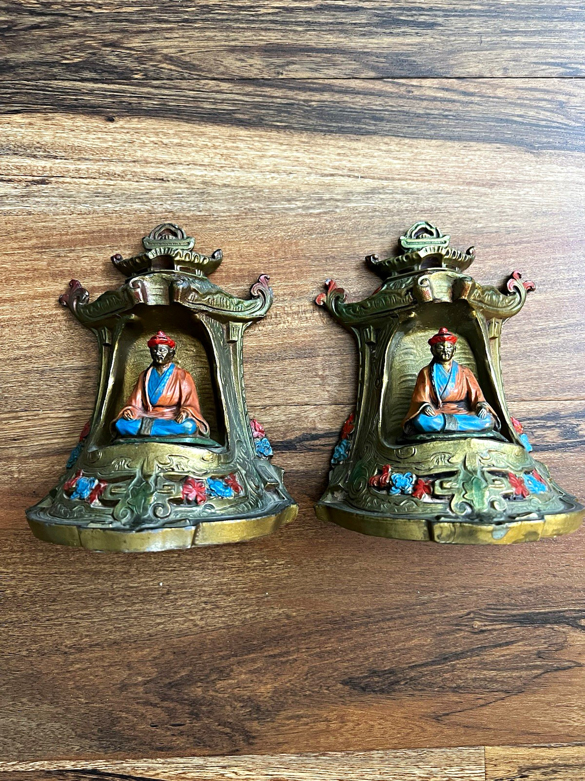 Art Deco Chinoiserie Antique Pagoda Bookends Cast Iron Asian Figure B&H Mark