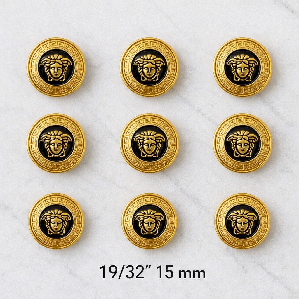 Versace Medusa Gold Black Metal Buttons – Set of 9 (15 mm)