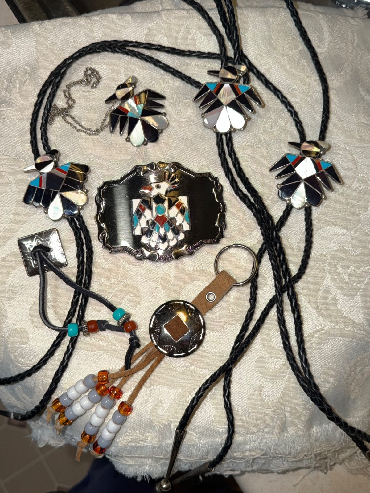 Vintage 1970s Southwestern Thunderbird Western 7-Pc Lot - Buckle, 3 Bolos, Fobs