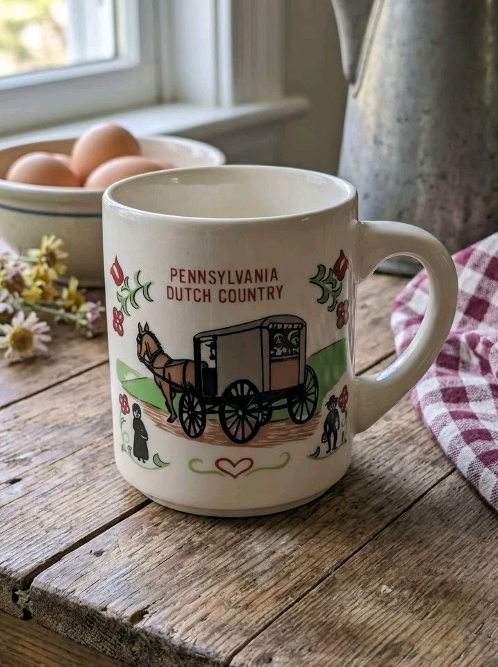 Vintage Pennsylvania Dutch Country Ceramic Coffee Mug Amish Horse Buggy Folk Art