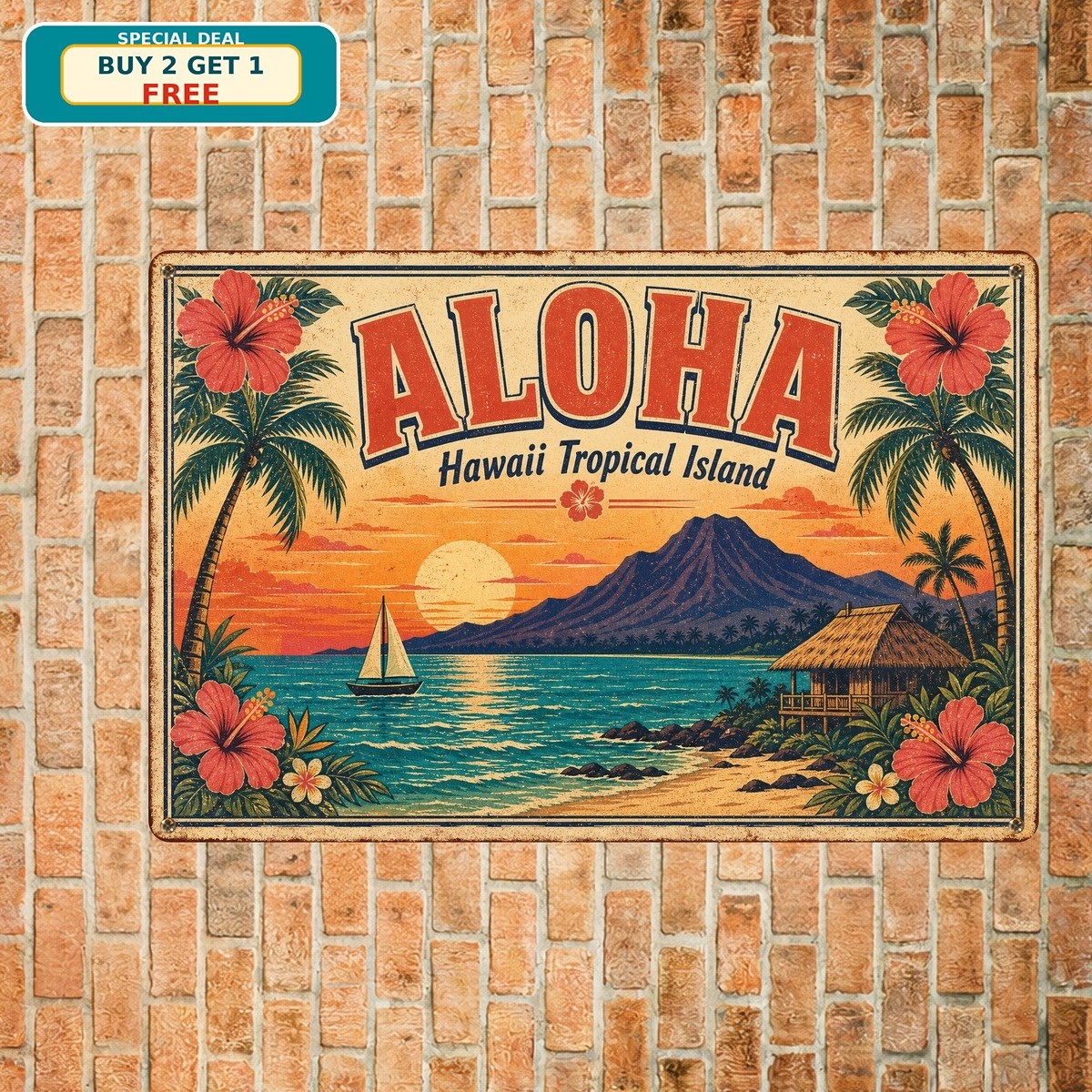 Hawaiian Theme Tropical Island Aloha Hawaii Vintage Metal Tin Sign