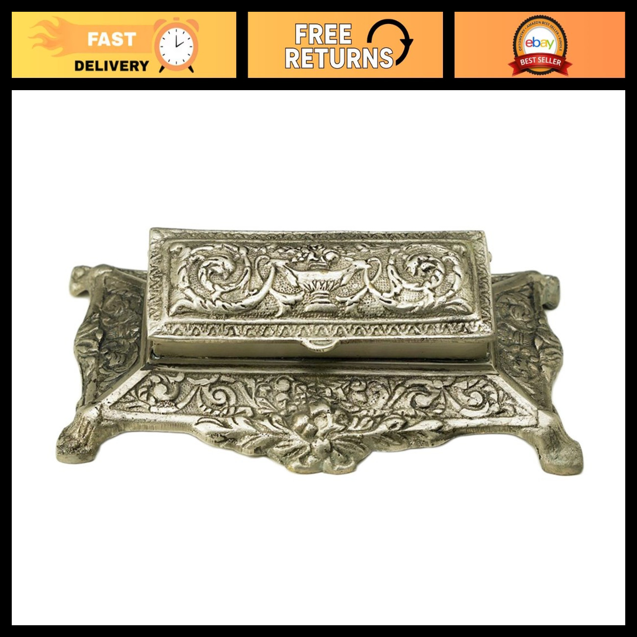 5 Inch Square Pewter Finish Decorative Stamp Box - Vintage Style Organizer
