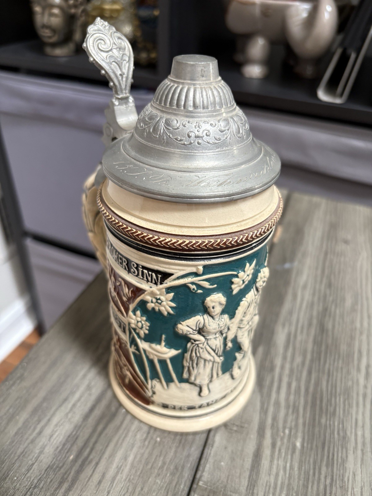 RARE Vintage Dumler & Breiden Pre WWI German Beer Stein Pewter Lidded  7.25in