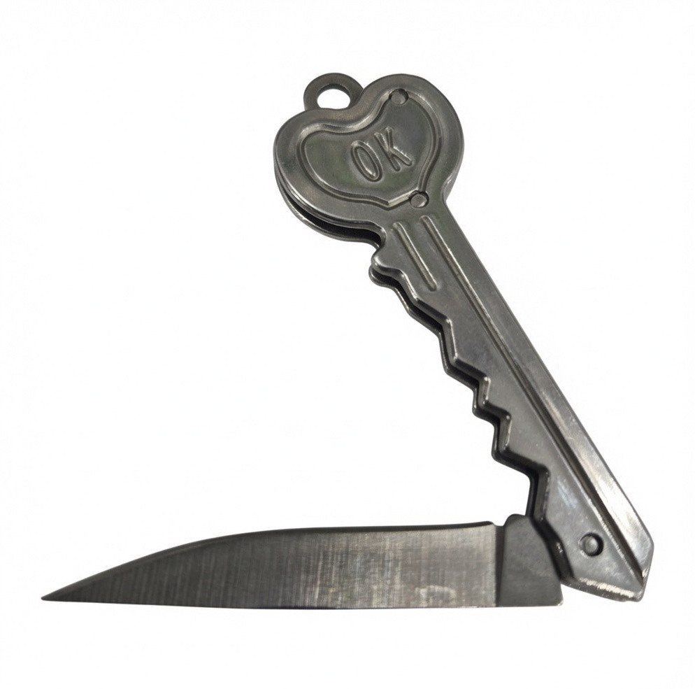 OK Key-Shaped Folding Keychain Pocketknife Silver Stainless Steel