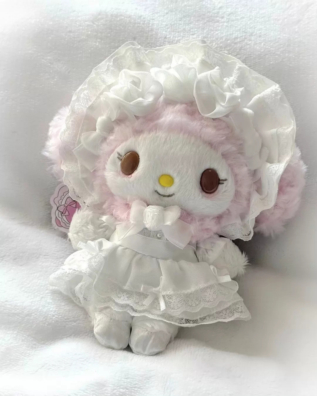 Sanrio My Melody White Lace Rose Bonnet Keychain Plush Doll Gift Kids Toy