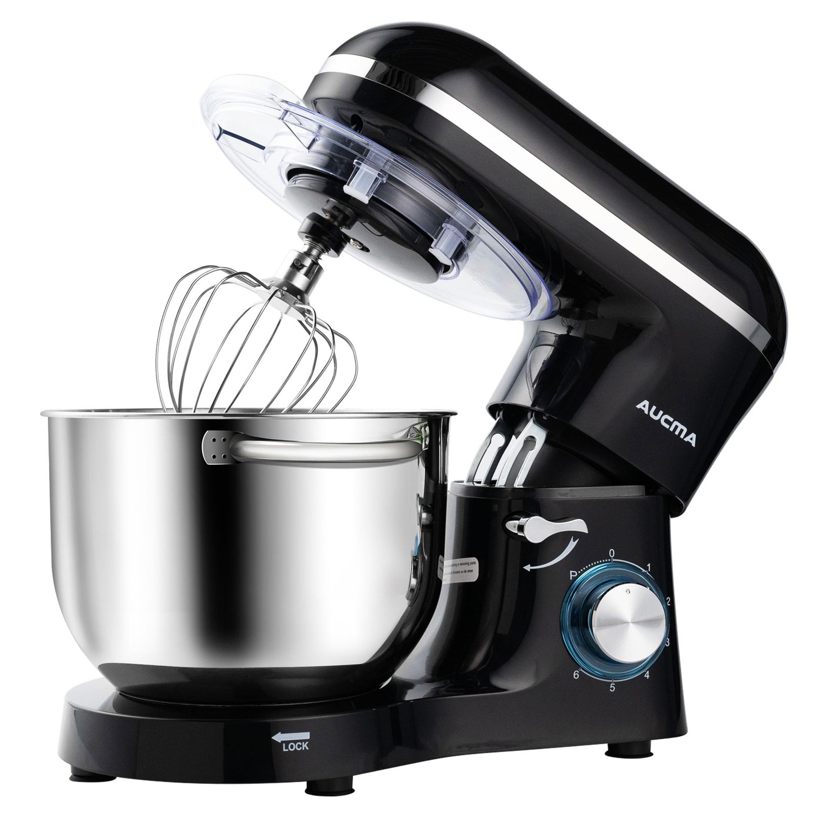 Aucma Stand Mixer 6.5QT 660W 6-Speed Tilt-Head Black with Dough Hook Wire Whip