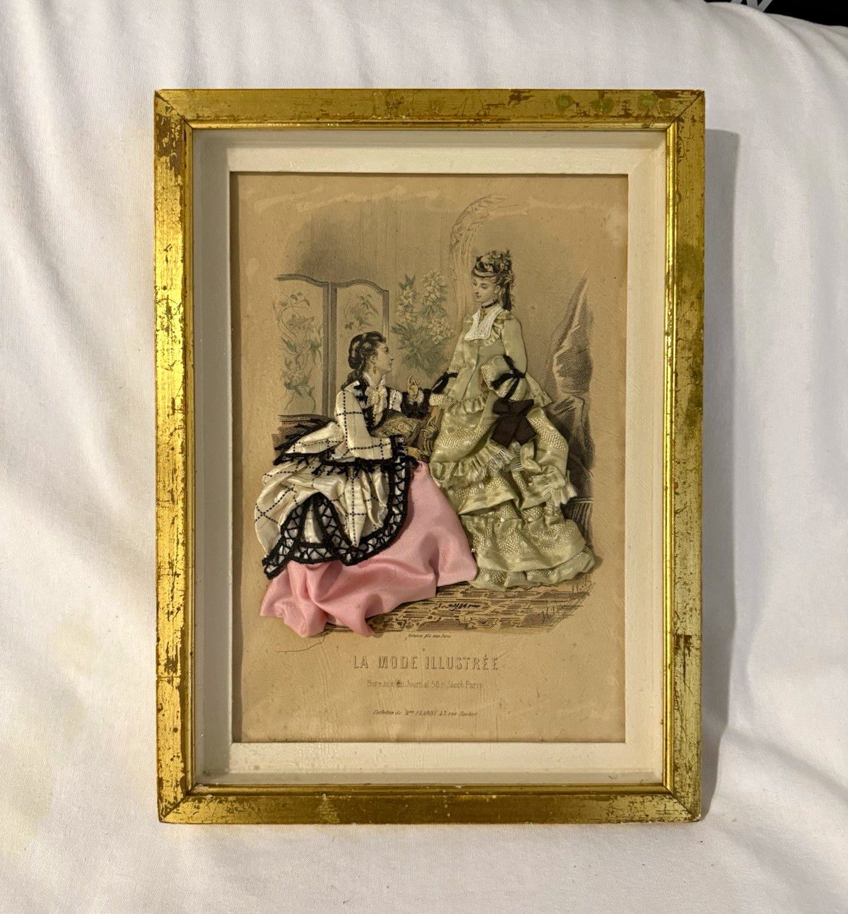 Antique French La Mode Illustrée 3D Fabric Fashion Plate Shadow Box Victorian