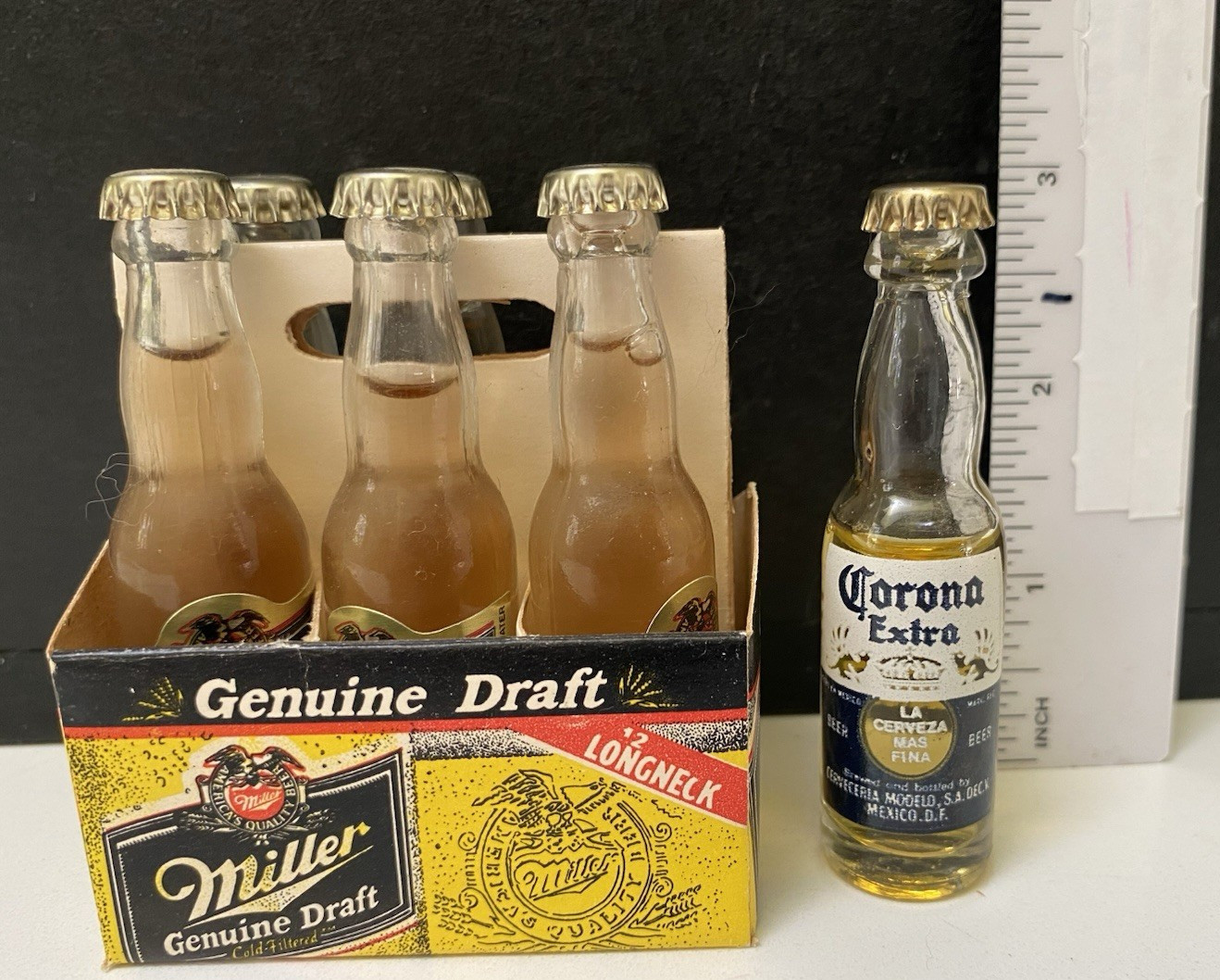 VTG Miniature Beer Bottles Miller Genuine Draft 6 pack & Corona extra 3\