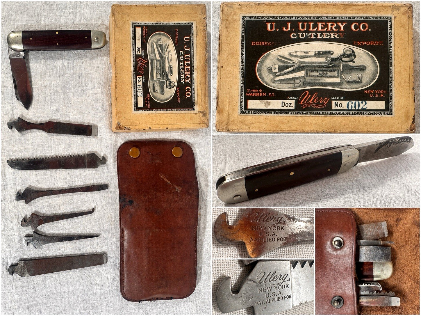 Antique U.J. Ulery Co No 602 Pocket Knife 6 Multi Tool Leather Case Original Box