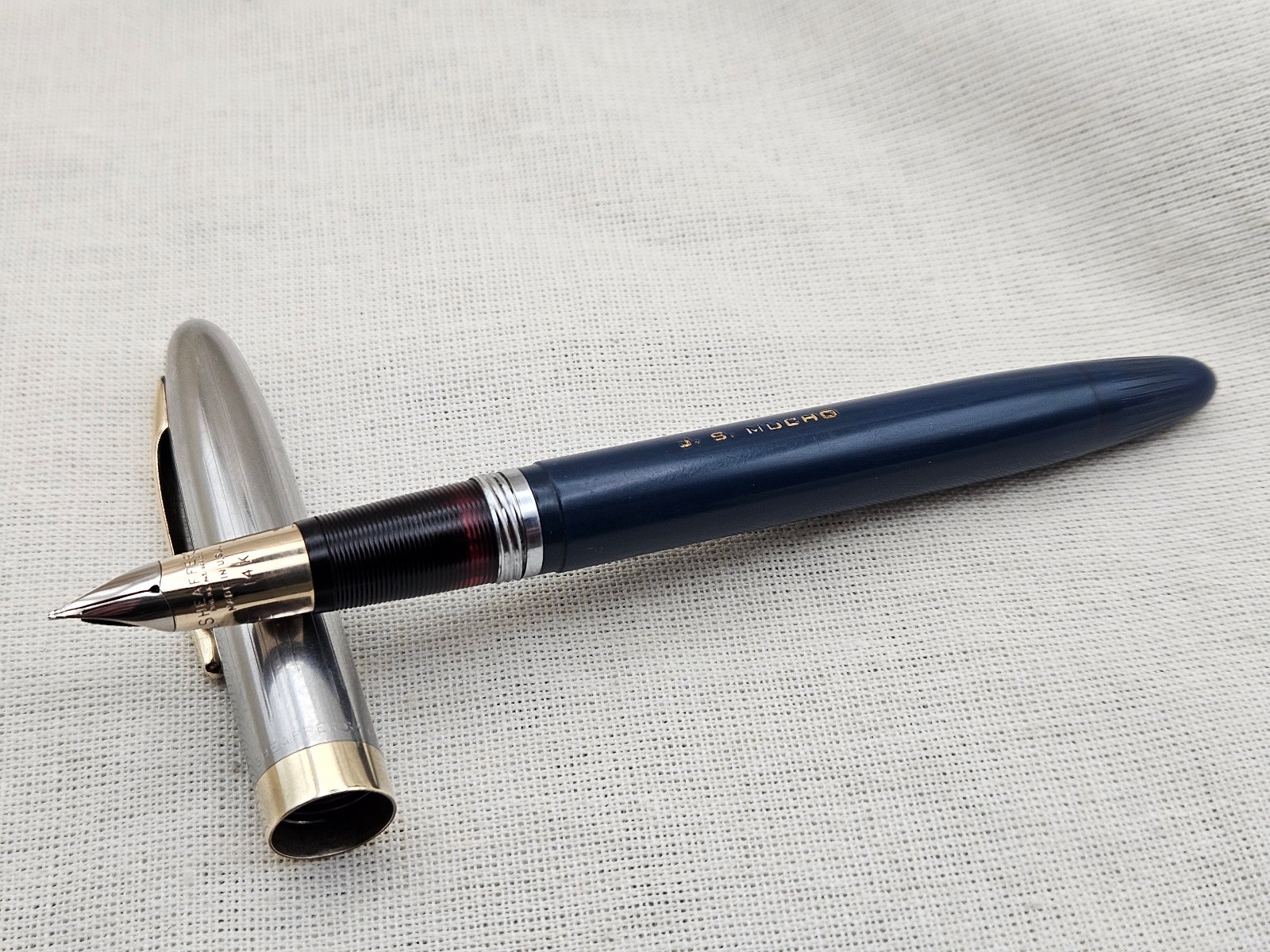 Restored 1950s Sheaffer Sentinel Deluxe Touchdown Persian Blue 14K Triumph Fine