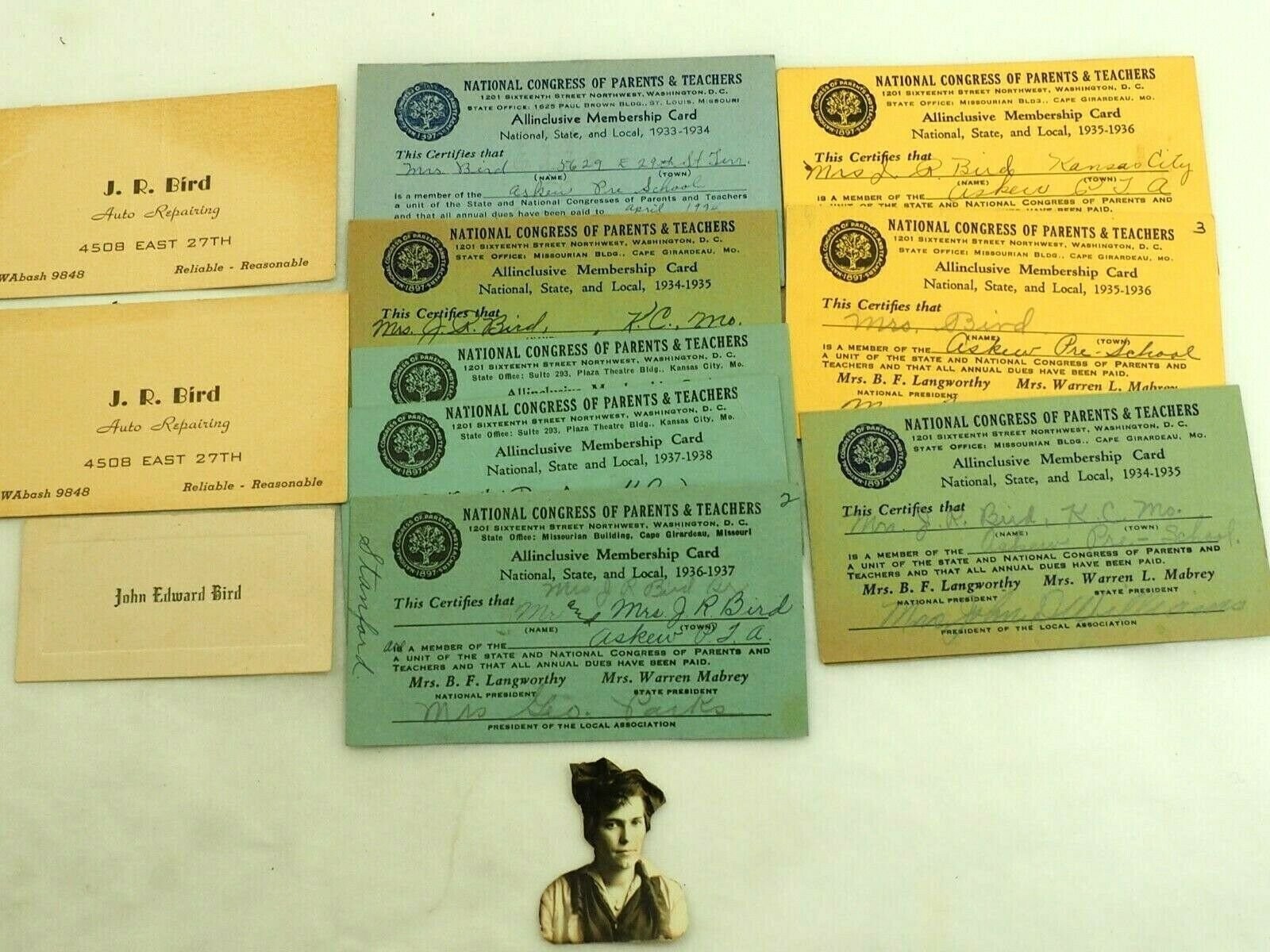 J.R.Bird Auto Repair cards & National Congress of Parent &Teachers Member1933-38