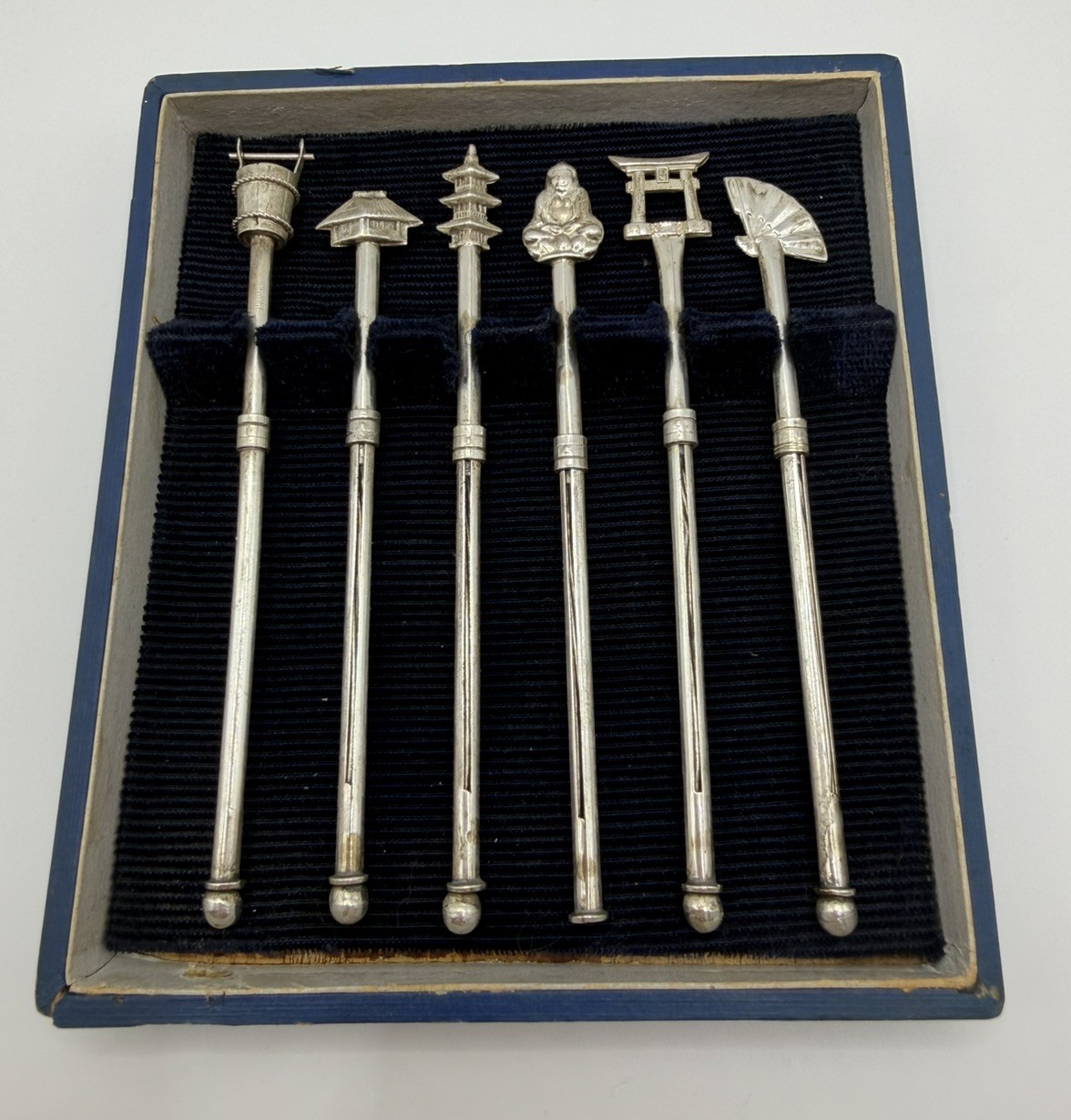 Vintage Japanese 6 Swizzle Sticks Set Figures Sterling Silver w/original Box