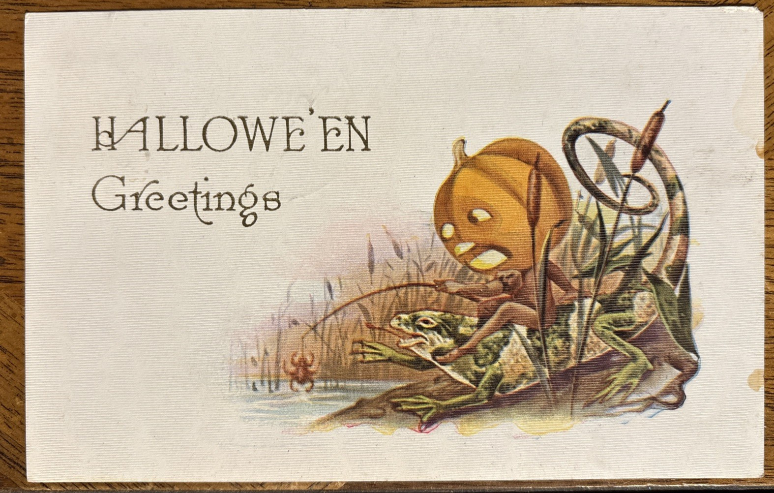 Vintage Halloween Greetings Postcard Jack-O-Lantern Fishing w/ Frog, PM 1912 Vintage Halloween Greetings Postcard Jack-O-Lantern Fishing w/ Frog, PM 1912