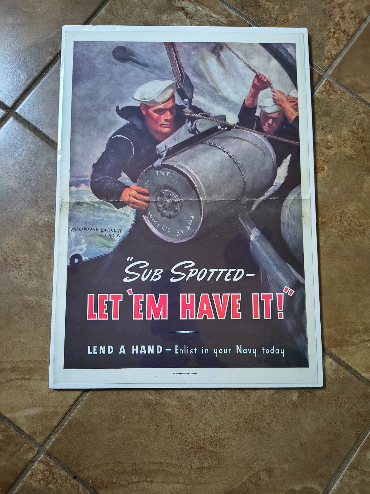 Original 1943 WWII US Poster Navy Sub Spotted Let Em Have It  McClelland Barclay
