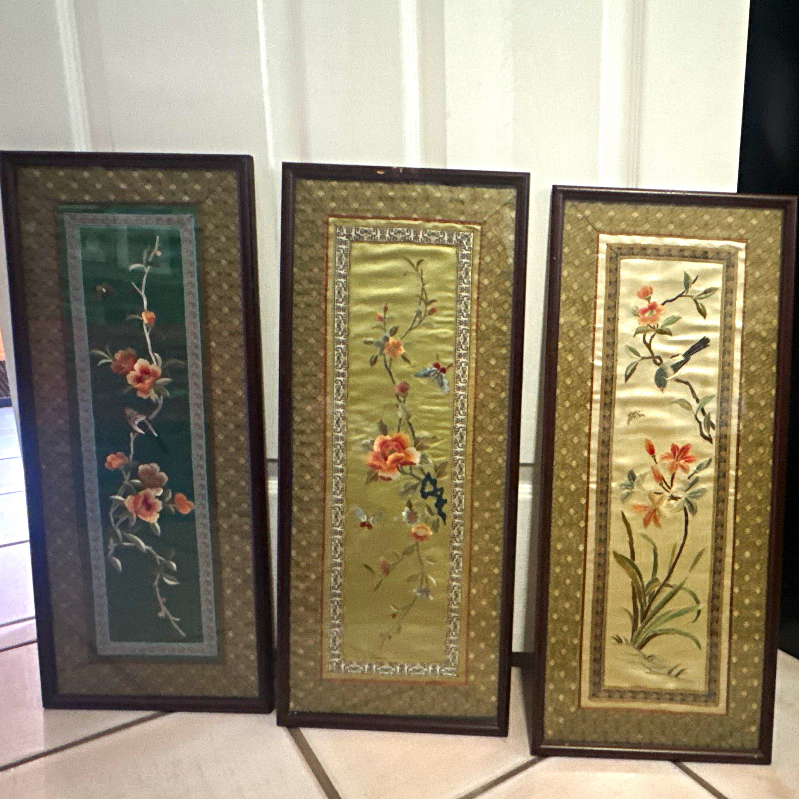 Vintage Chinese Silk Embroidery Framed Panels set of 3 Bird floral Wall Art 