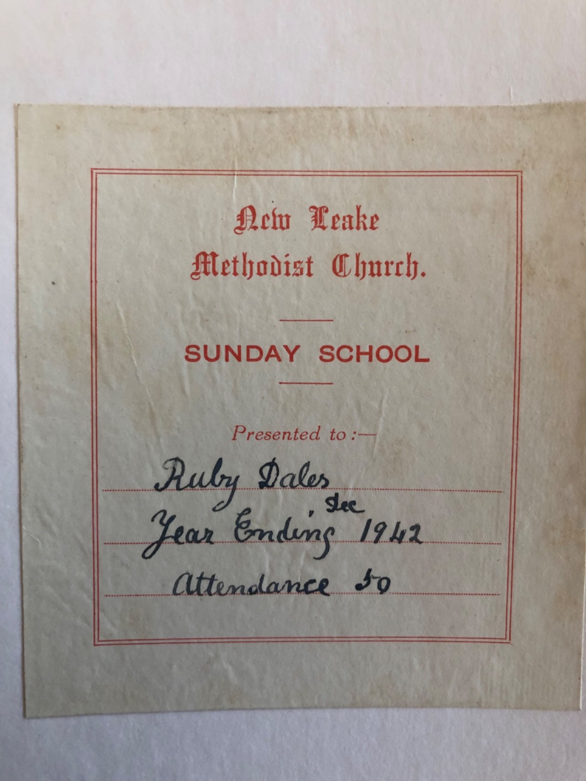 1942 New Leake Methodist Church Sunday School Ruby Dales award book plate