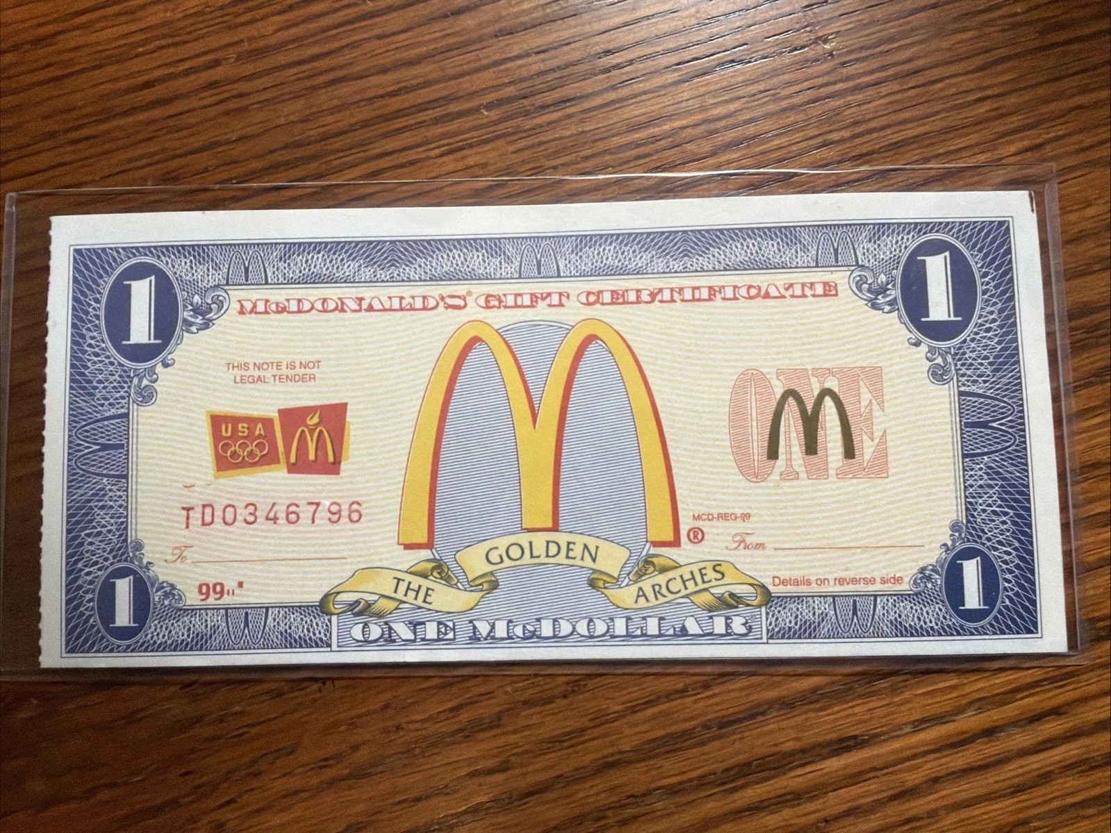 1999 McDonald’s One Dollar Gift Certificate Mint Condition (Single Certificate)