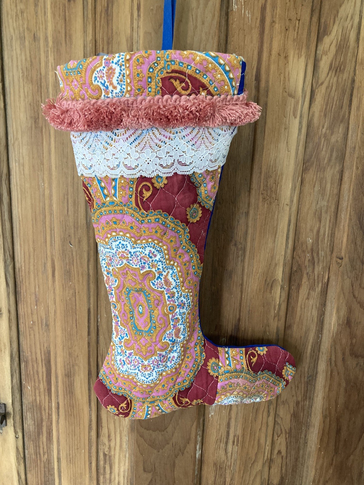 VTG 1970s Handmade Christmas Stocking Kitsch Multi  15” x 8” VTG Rose/Pink Trim