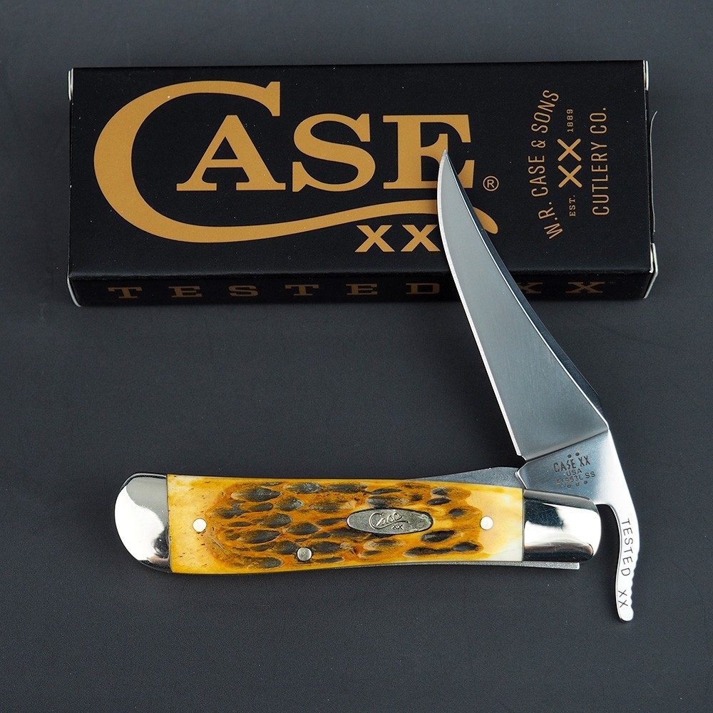 Case XX Russlock Peach Seed Jig Amber Bone Stainless Pocket Knife NIB - 00260