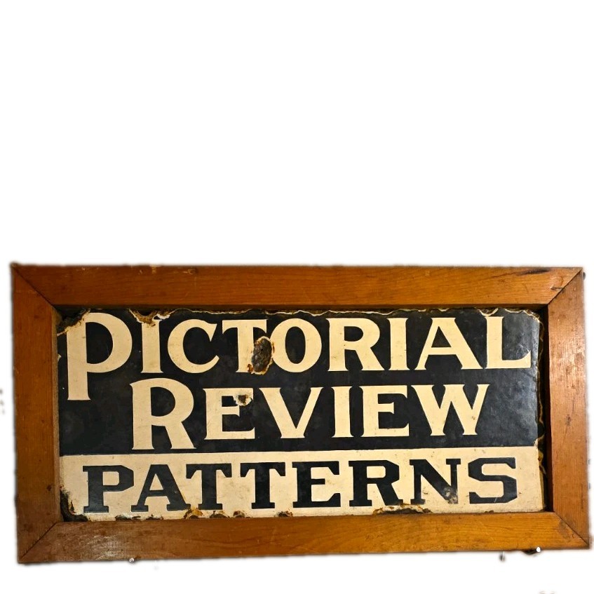 Antique Pictorial Review Patterns Double Sided Porcelain Sign Wood Frame