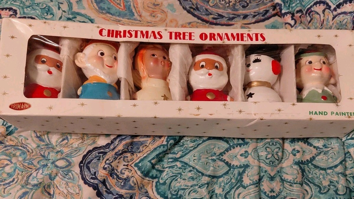 Vtg Lot 6 HF Co. Japan Christmas Tree Ornaments In Org. Box Figurines Santa Elf Vtg Lot 6 HF Co. Japan Christmas Tree Ornaments In Org. Box Figurines Santa Elf