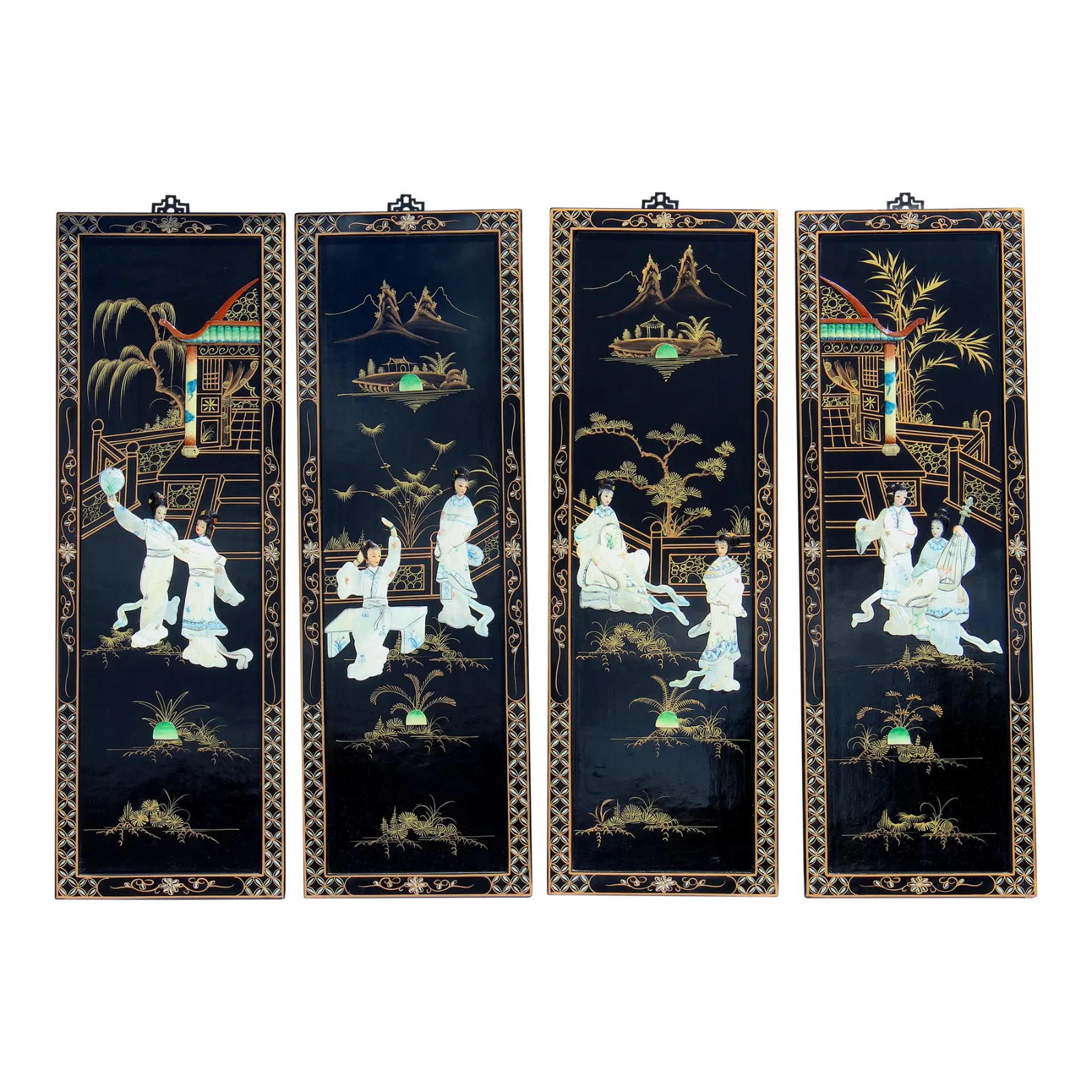 4 Vintage Chinese Black Lacquer Mother-of-Pearl Inlay Wall Panels