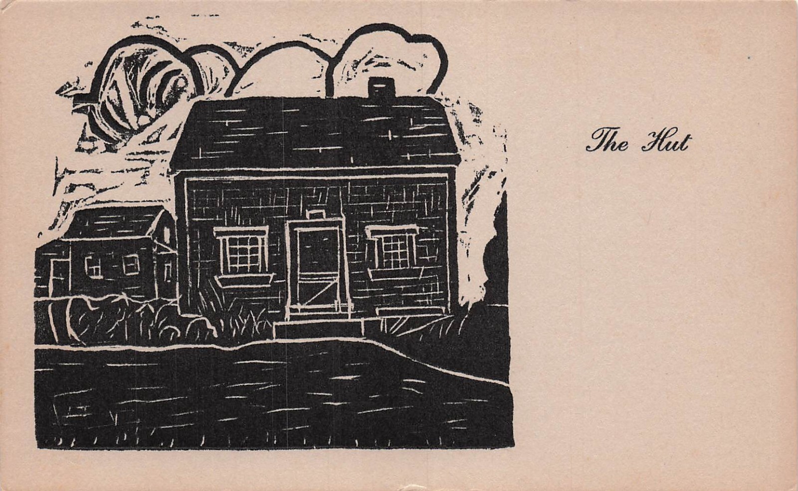 Black and white woodcut print The Hut Cottage Primitive House Vtg Postcard G22